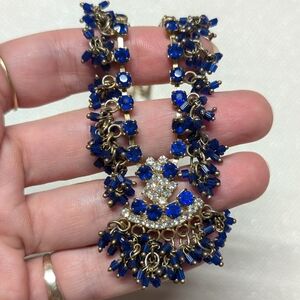 Elegant Blue Gold Necklace Glass Crystal High Quality Costume Beaded Sapphire